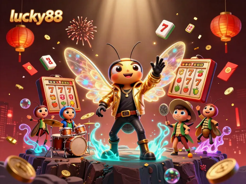 Play exciting slots with lucky88 as a vibrant 3D scene unfolds featuring dynamic characters and dazzling game elements.