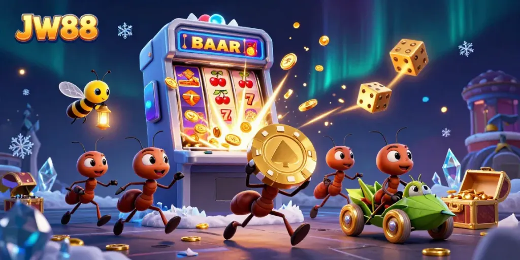 JW88 heist scene showcasing 3D cartoon ants carrying a golden poker chip amid a jackpot explosion in a vibrant casino