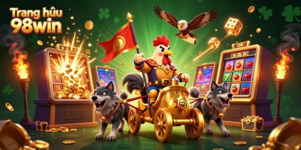 Experience the excitement of Trang chủ 98win with a captivating 3D illustration featuring a rooster warlord and casino elements.