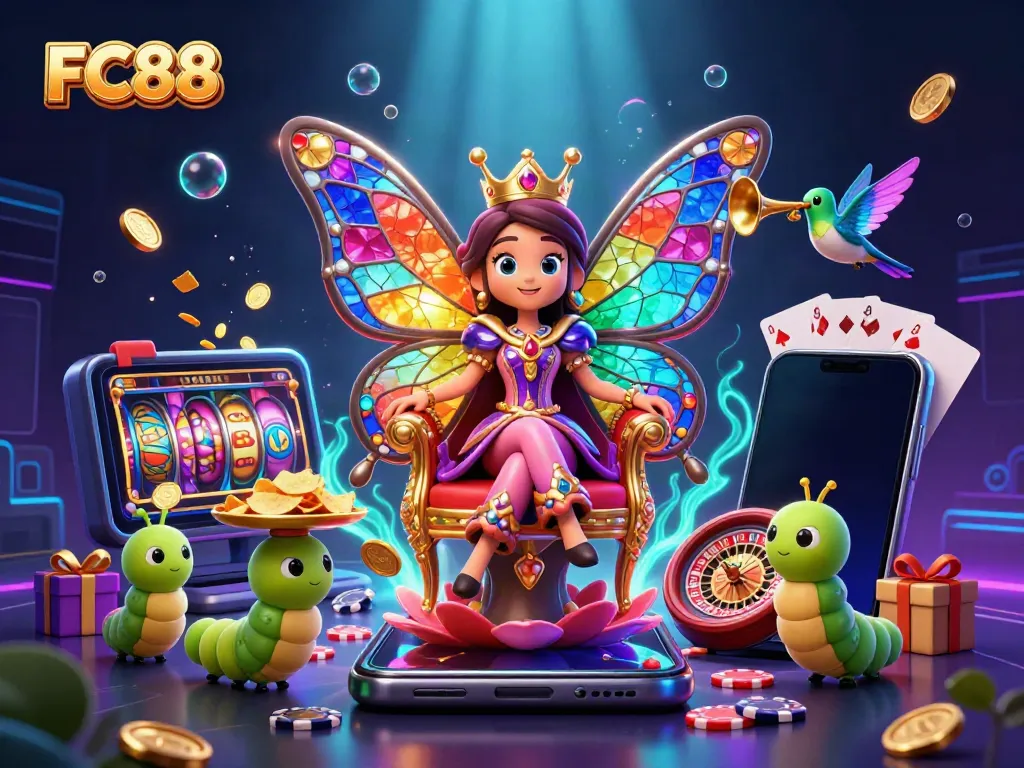 Experience the vibrant world of FC88 with a dazzling butterfly queen amidst dynamic casino elements.