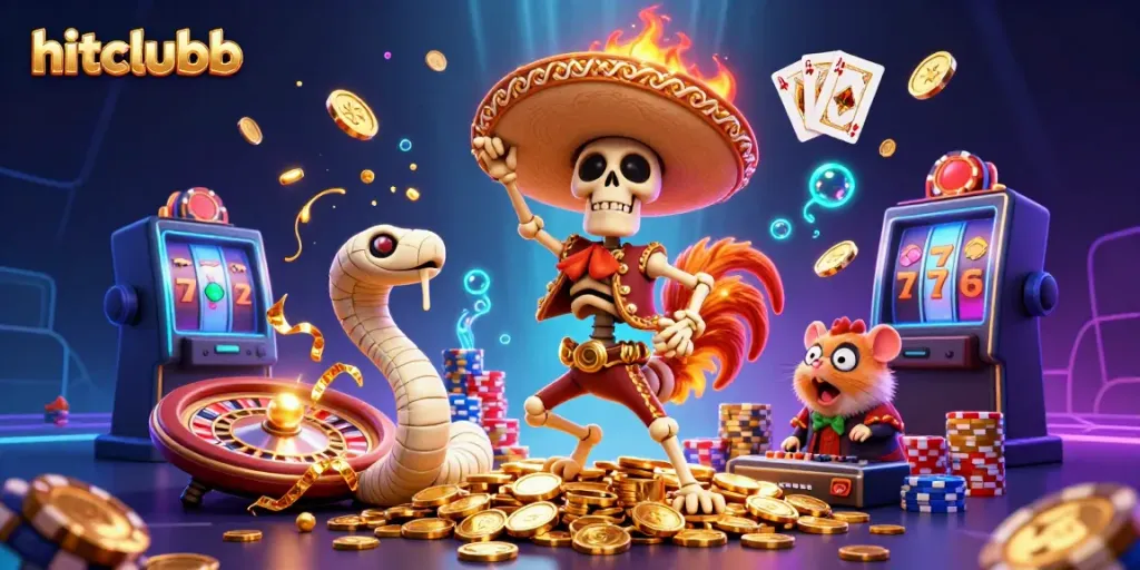 Experience exhilarating wins at hitclubb with a festive and vibrant casino illustration featuring captivating characters.