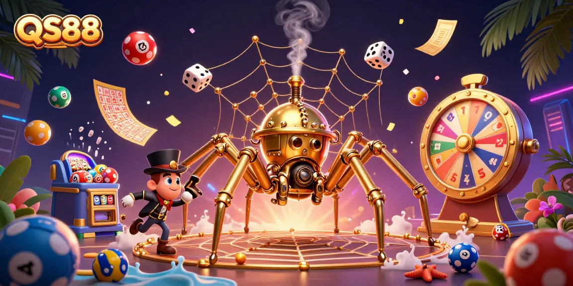 Experience the excitement of QS88 with a dynamic steampunk-themed casino scene featuring lively lottery elements.