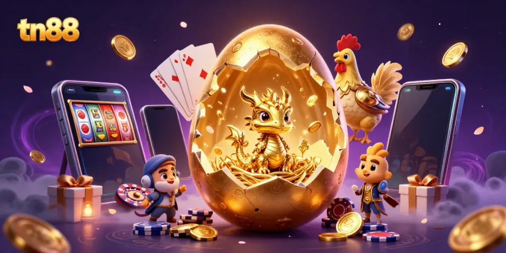 Engage with the tn88 dragon, gold chips, and vibrant casino elements in a dynamic illustration