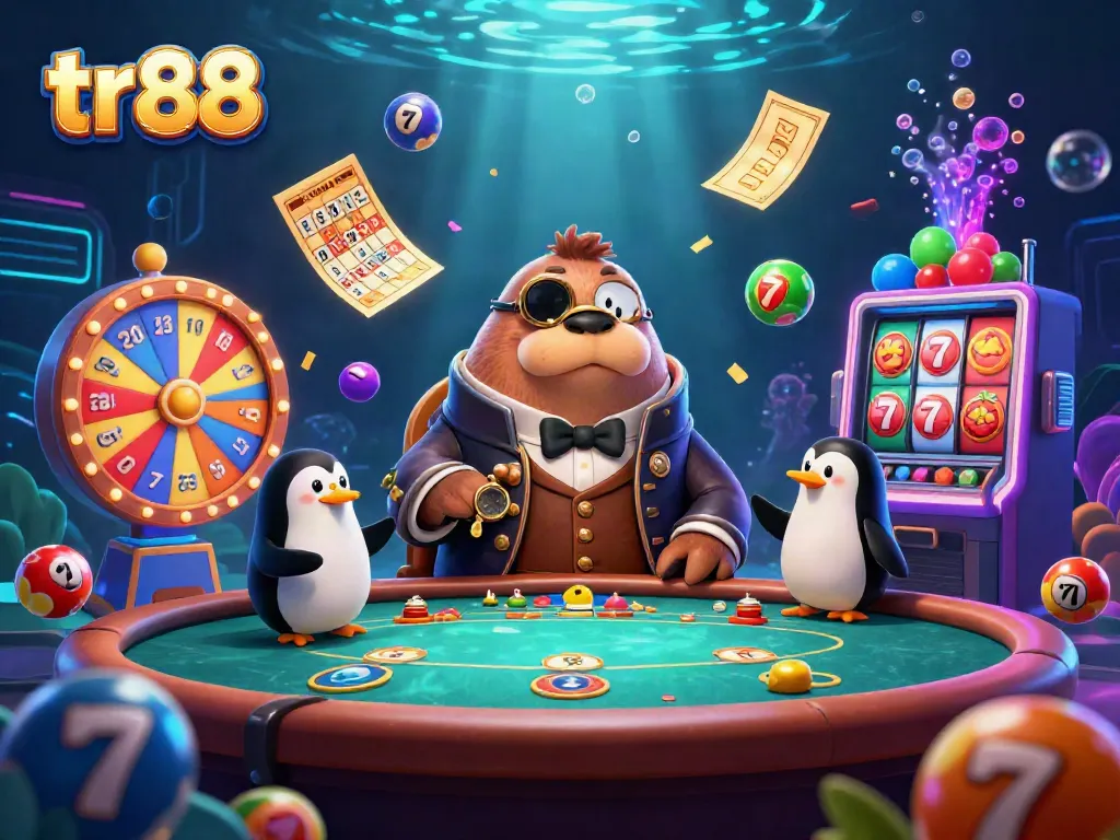 tr88 casino games with a jolly walrus at an underwater poker table, showcasing vibrant lottery elements.