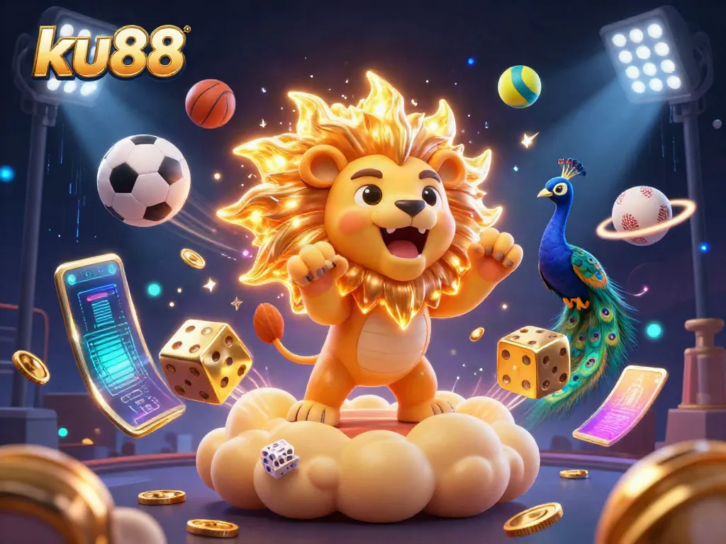 Experience thrilling gaming at ku88 with a dynamic 3D scene featuring sports elements and a lion symbolizing victory.