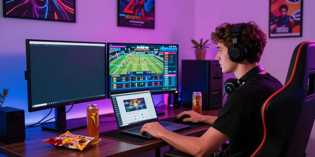 Engaged gamer at a modern desk betting on https://zbet.cymru/ with dual monitors and snacks.
