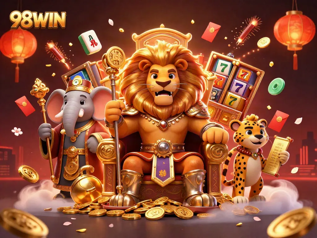 Engage with 98WIN casino through dynamic slot action featuring lion king and vibrant symbols.