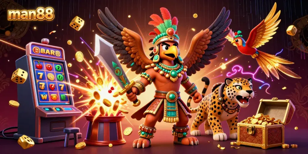 Experience thrilling wins at man88 with an Aztec warrior and jaguar amidst vibrant casino elements.