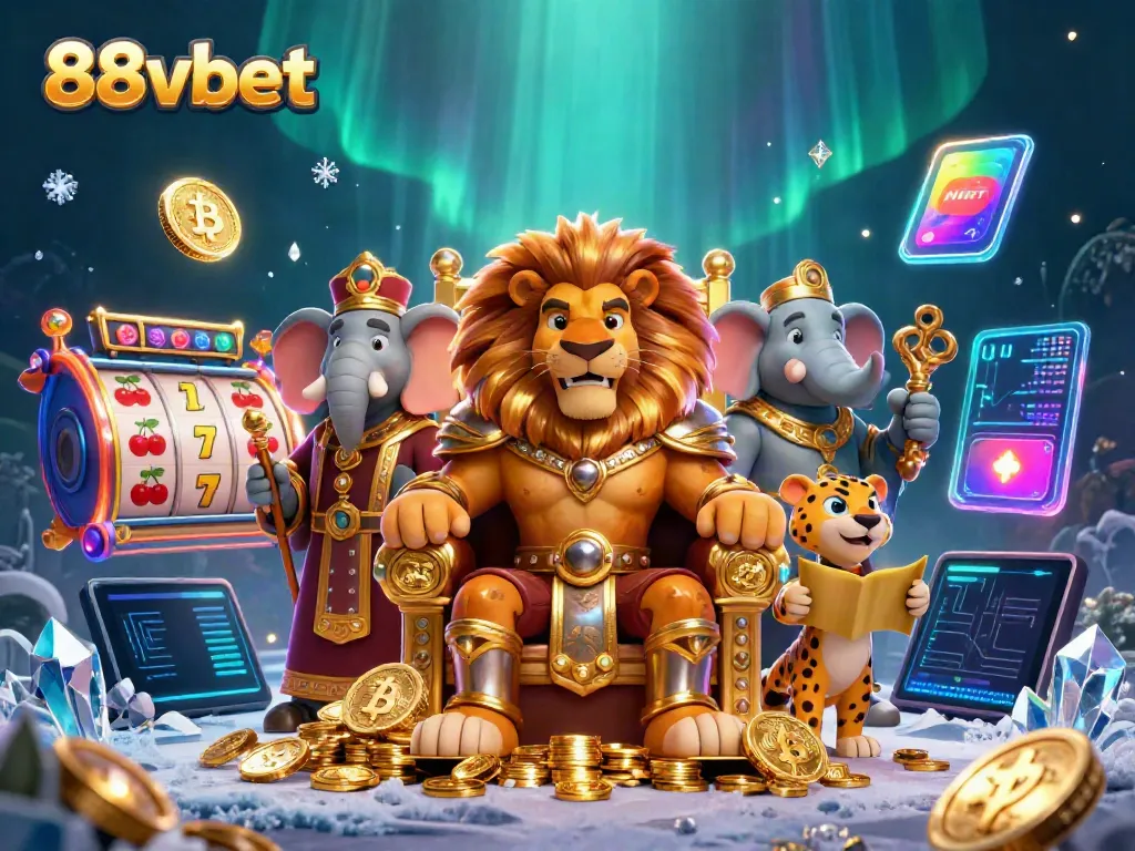 Experience thrilling casino adventures with 88vbet's dynamic illustration of a lion king, elephant advisor, and cheetah messenger.