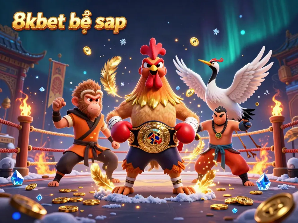 Experience the vivid world of online gaming with "8xbet bị sập" portrayed in a vibrant 3D scene featuring thrilling combat elements.