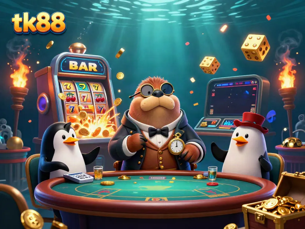 Experience the vibrant world of tk88 with a jolly walrus, penguin dealer, and pufferfish amidst a jackpot explosion.