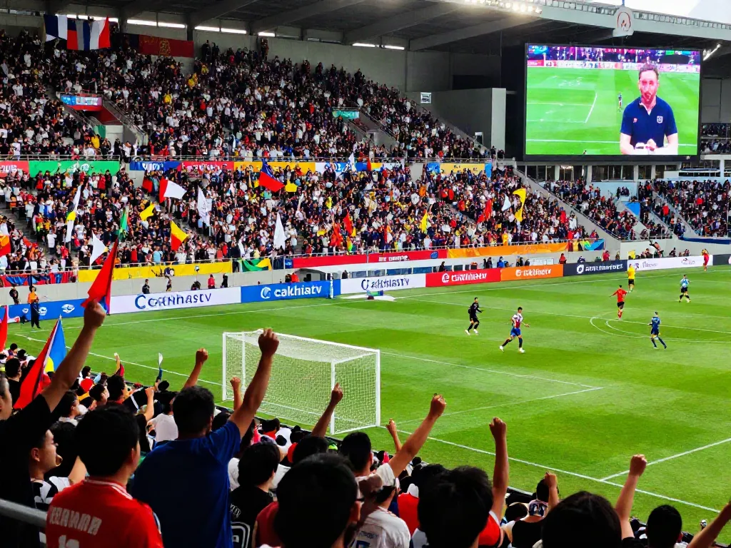 Exciting live soccer broadcast scene showcasing fans cheering and players in action on cakhiatv.