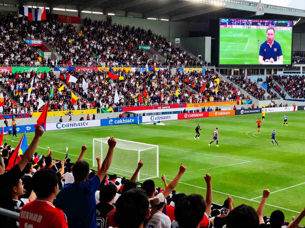 Exciting live soccer broadcast scene showcasing fans cheering and players in action on cakhiatv.