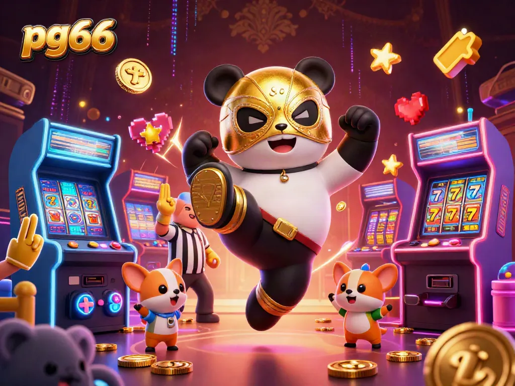 Experience fast-paced action at pg66 with a lively scene of a wrestler panda, referee chihuahua, and cheering animals amidst colorful gaming elements.