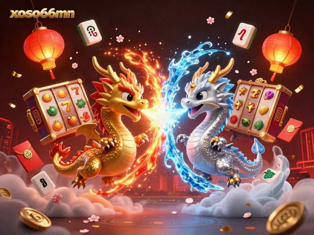 Engage with xoso66mn's thrilling gaming scene featuring dynamic dragons and vibrant casino elements.