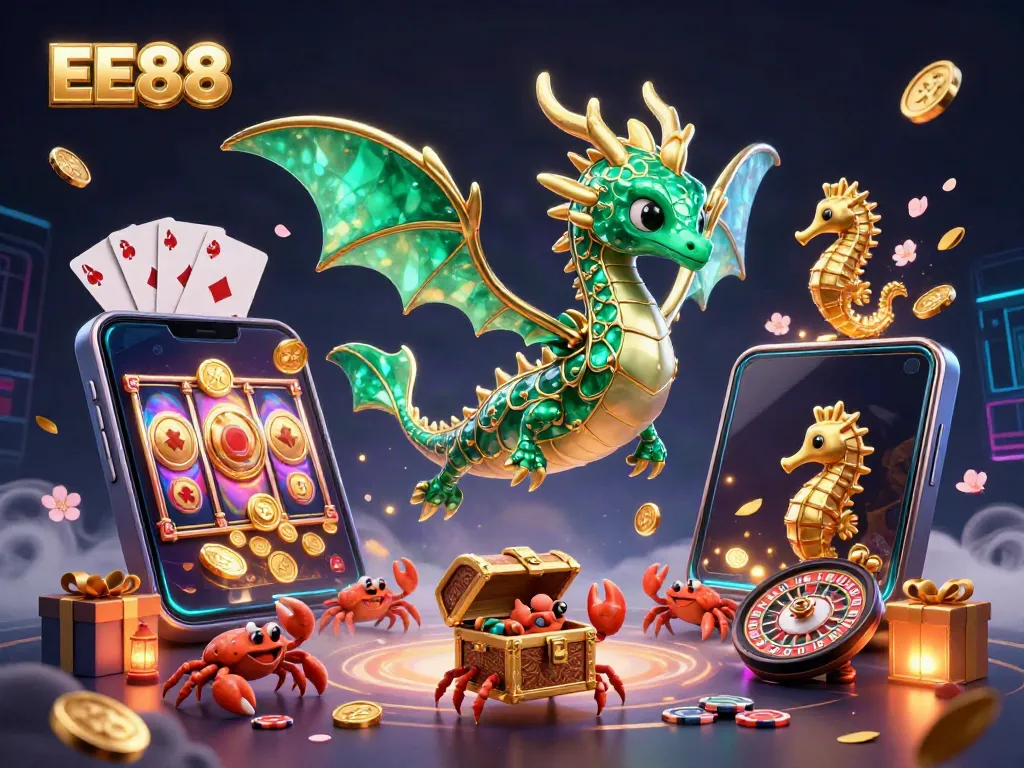 Experience the vibrant EE88 underwater casino adventure with a sea dragon and treasure in this colorful illustration.