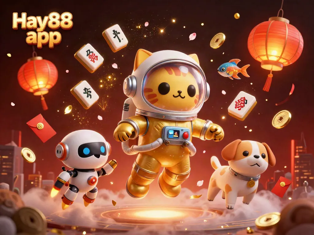 Engage with the Hay88 app through thrilling 3D illustrations featuring gambling elements and vibrant characters.