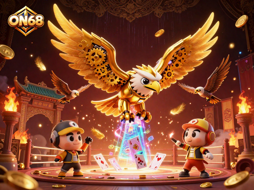 Experience thrilling gambling action with ON68's golden eagle diving through vibrant holographic cards and gold coins scattered around.