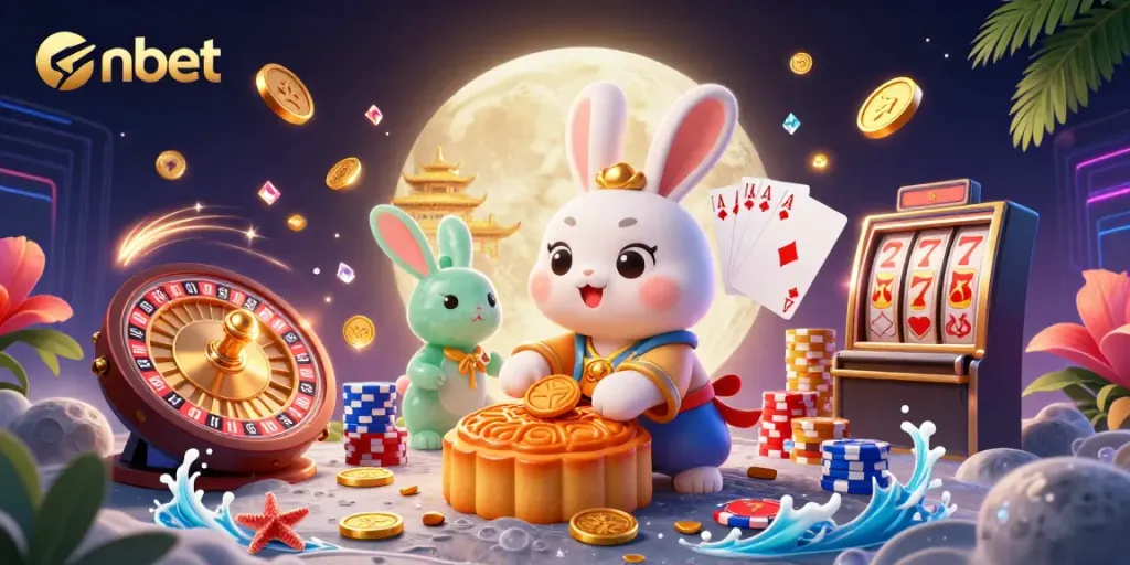 Engage with nbet through an exciting 3D casino scene showcasing a lunar rabbit and vibrant gambling elements.
