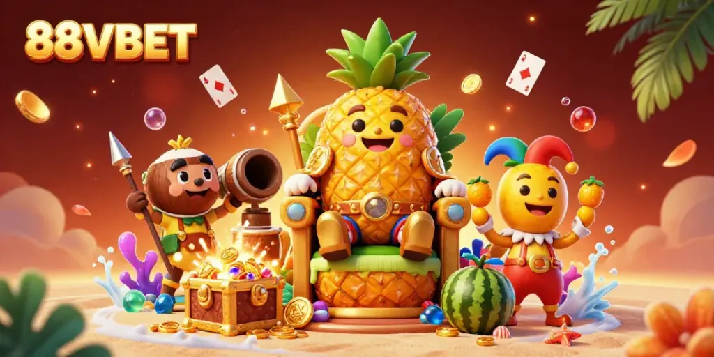 Engage with 88VBET in a vibrant 3D scene featuring a golden pineapple king and tropical games.