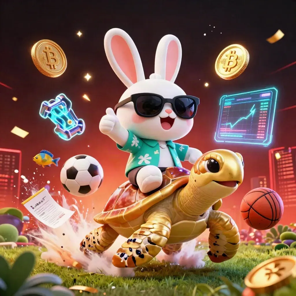 Lucky rabbit rides a gold turtle amid casino coins, sports balls, sparks and neon energy.