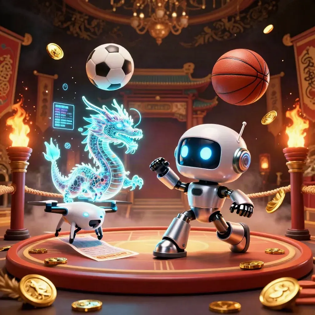 Chrome robot, holographic dragon and coin drone amid flying balls, gold coins and torchlight.