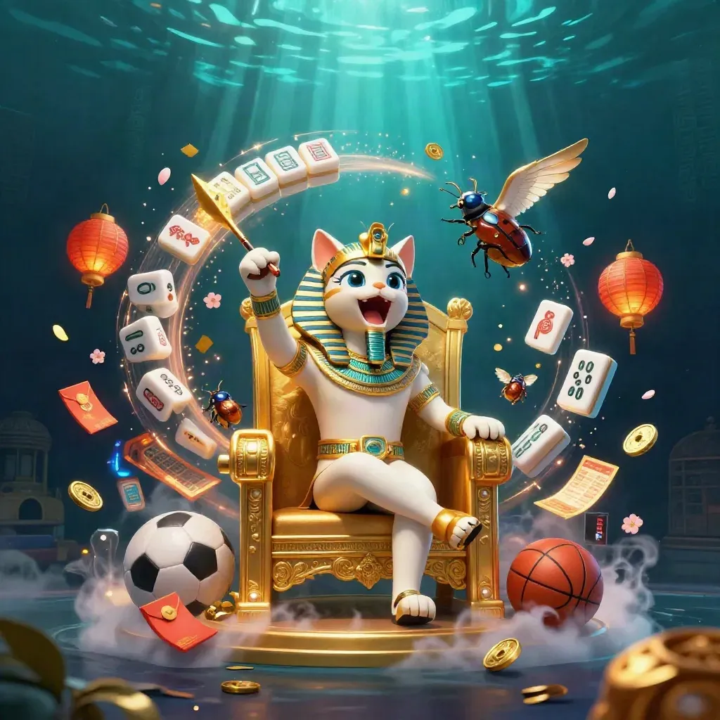 Pharaoh cat, ibis scribe, and scarab beetles amid casino treasures and teal light.