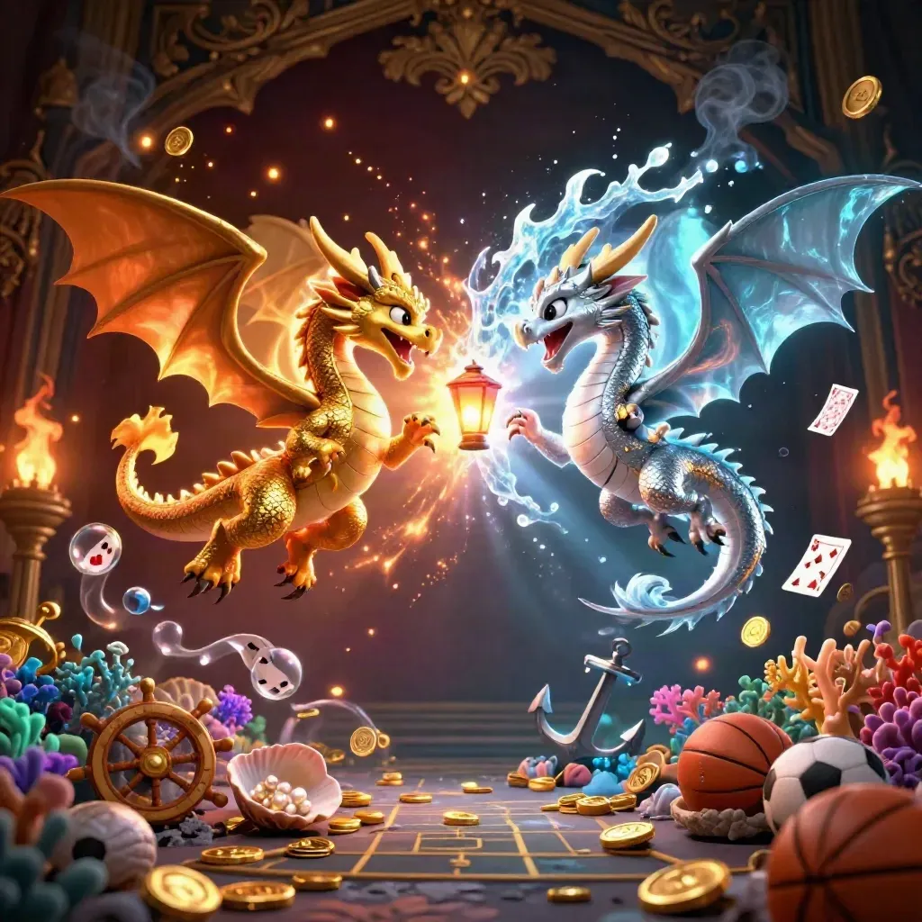 Gold and silver dragons form a yin-yang above treasure, coral, cards, and casino props in dark luxury glow.