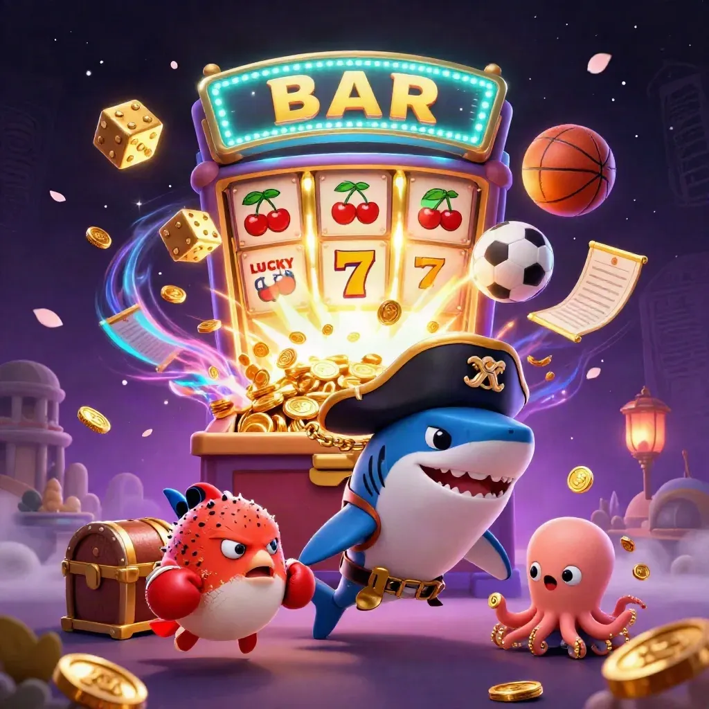 Pirate shark, pufferfish, and octopus amid jackpot chaos with sports balls, gold, and neon purple light.