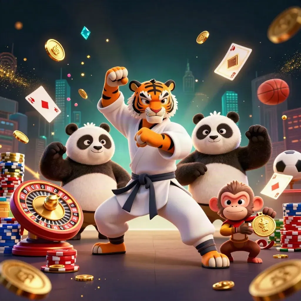 Tiger, panda, and monkey amid casino chips, coins, cards, and sports balls in neon light.
