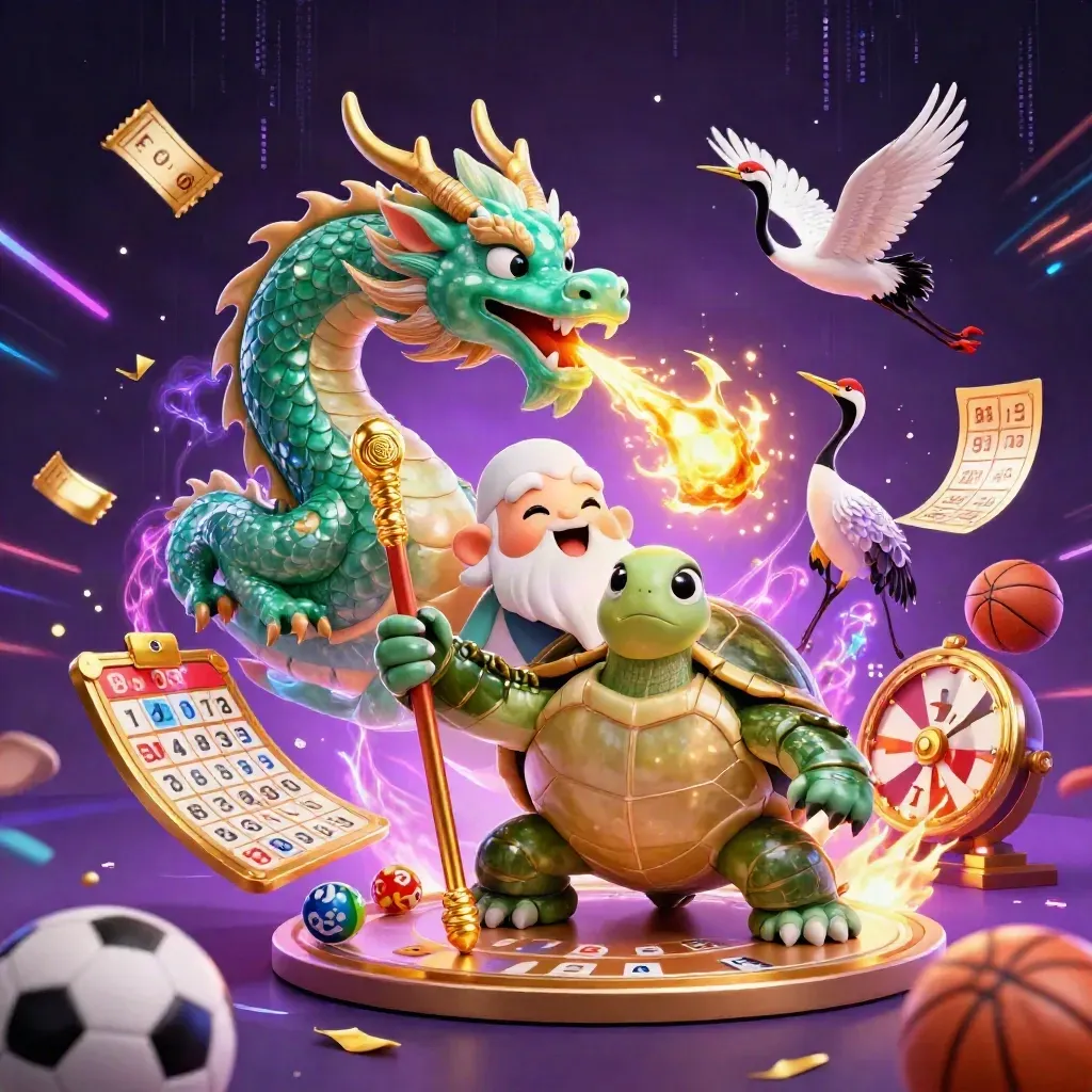 Jade dragon, turtle sage and cranes amid casino icons and sports balls in neon light.
