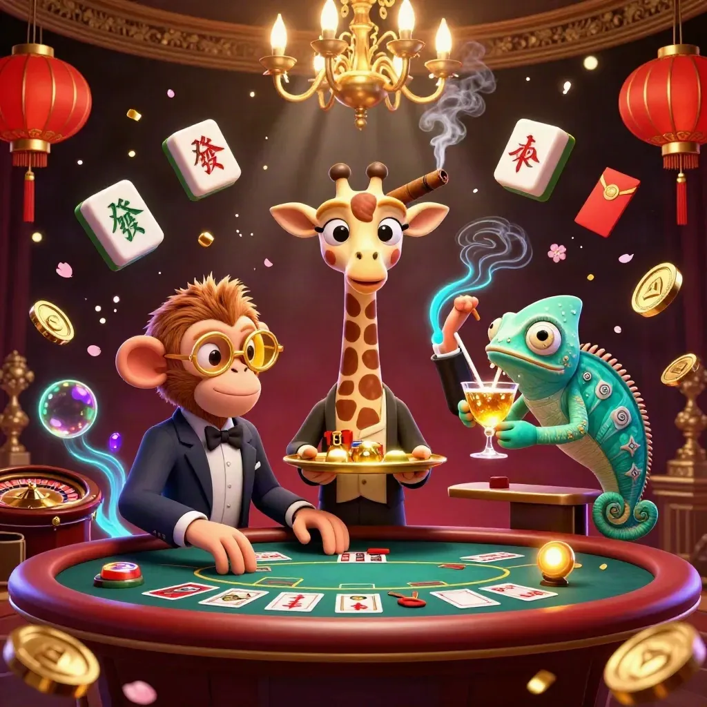 Giraffe, monkey, and chameleon in a neon casino with lanterns, jade coins, and chandelier glow.