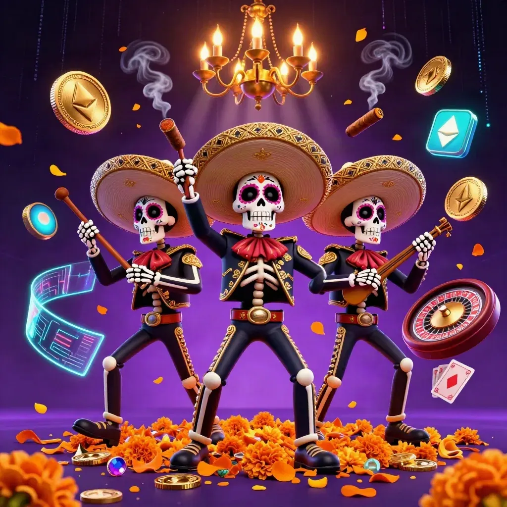 Day-of-the-Dead skeleton mariachi trio amid neon crypto casino chaos and spinning roulette
