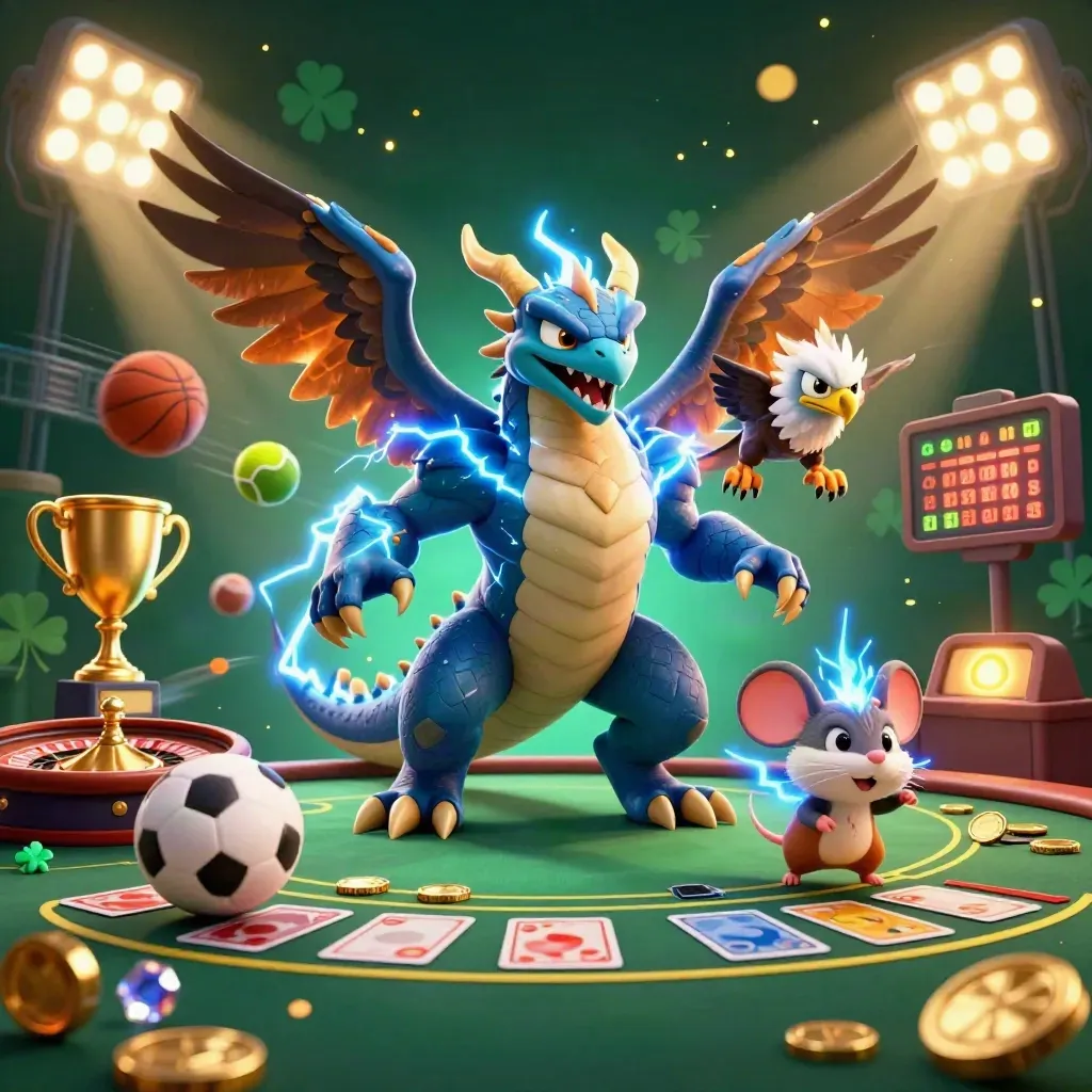 Thunder dragon, wind hawk, and static mouse in a neon casino blast of sports balls, gold, and roulette.