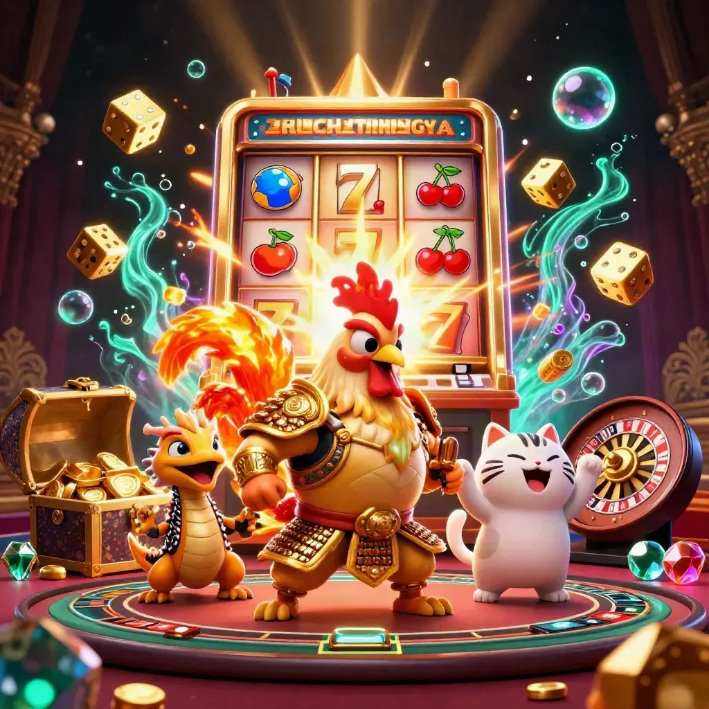 Rooster warrior, dragon hatchling, and fortune-cat amid casino gold and neon.