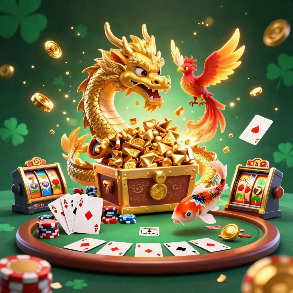 Golden dragon with phoenix and koi amid chips, cards, and casino treasure burst.