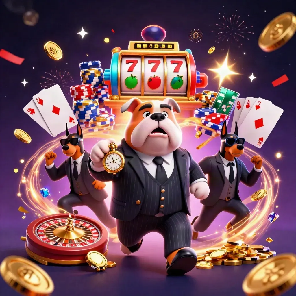 Bulldog mob boss with two Dobermans amid coins, chips, roulette, cards, and neon effects