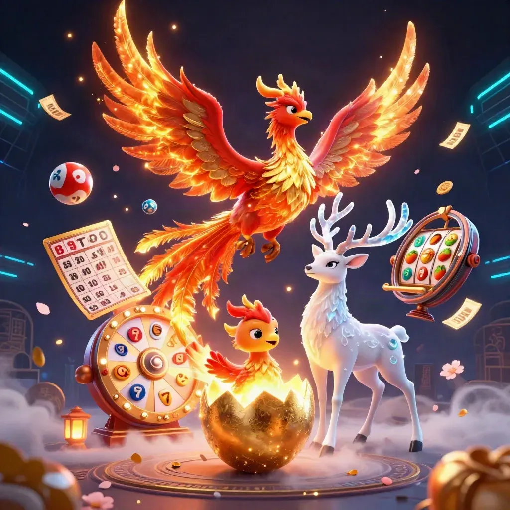 Fire phoenix, baby phoenix, crystal stag amid casino loot and neon teal glow.