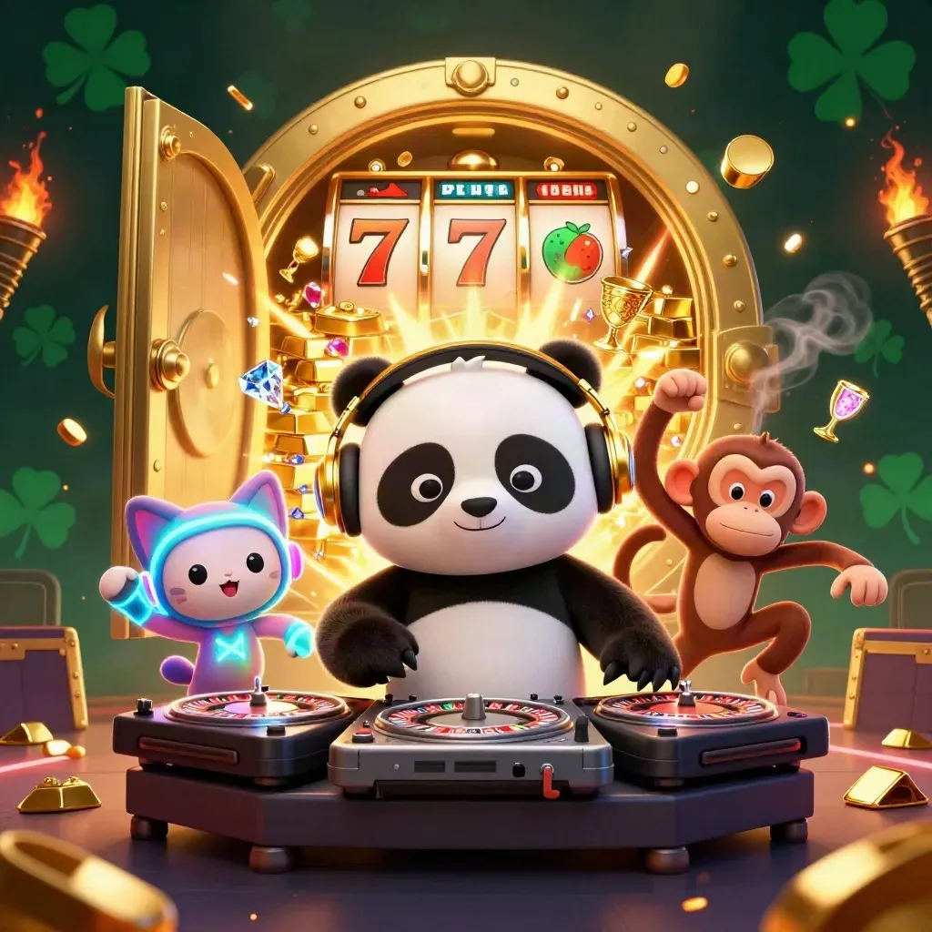 Panda DJ, dancing monkey and rave kitten burst from a glowing gold vault with jewels and teal light