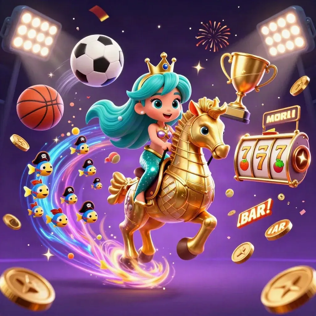 Mermaid princess on armored seahorse amid sports balls, coins, fireworks, and neon casino energy.