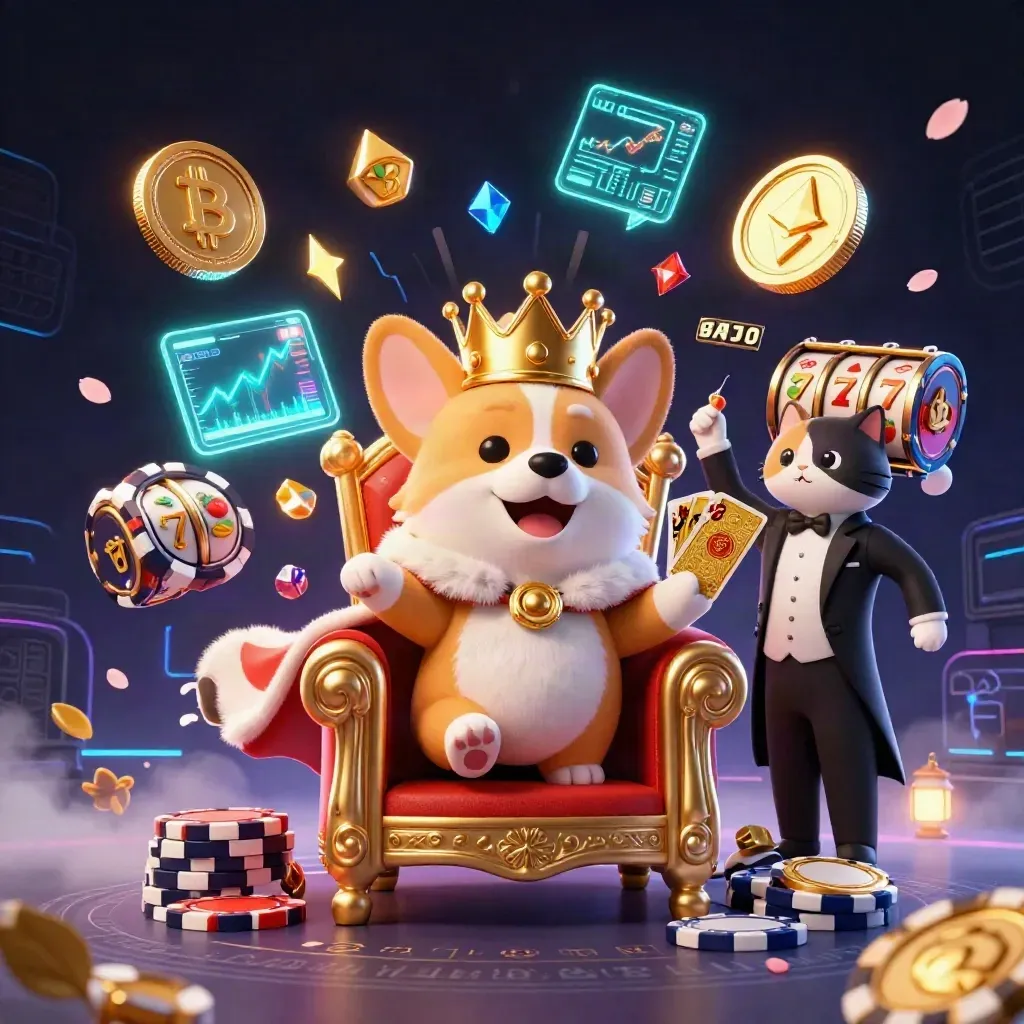 Royal corgi king and cat butler amid neon crypto coins, chips, runes, and casino energy.