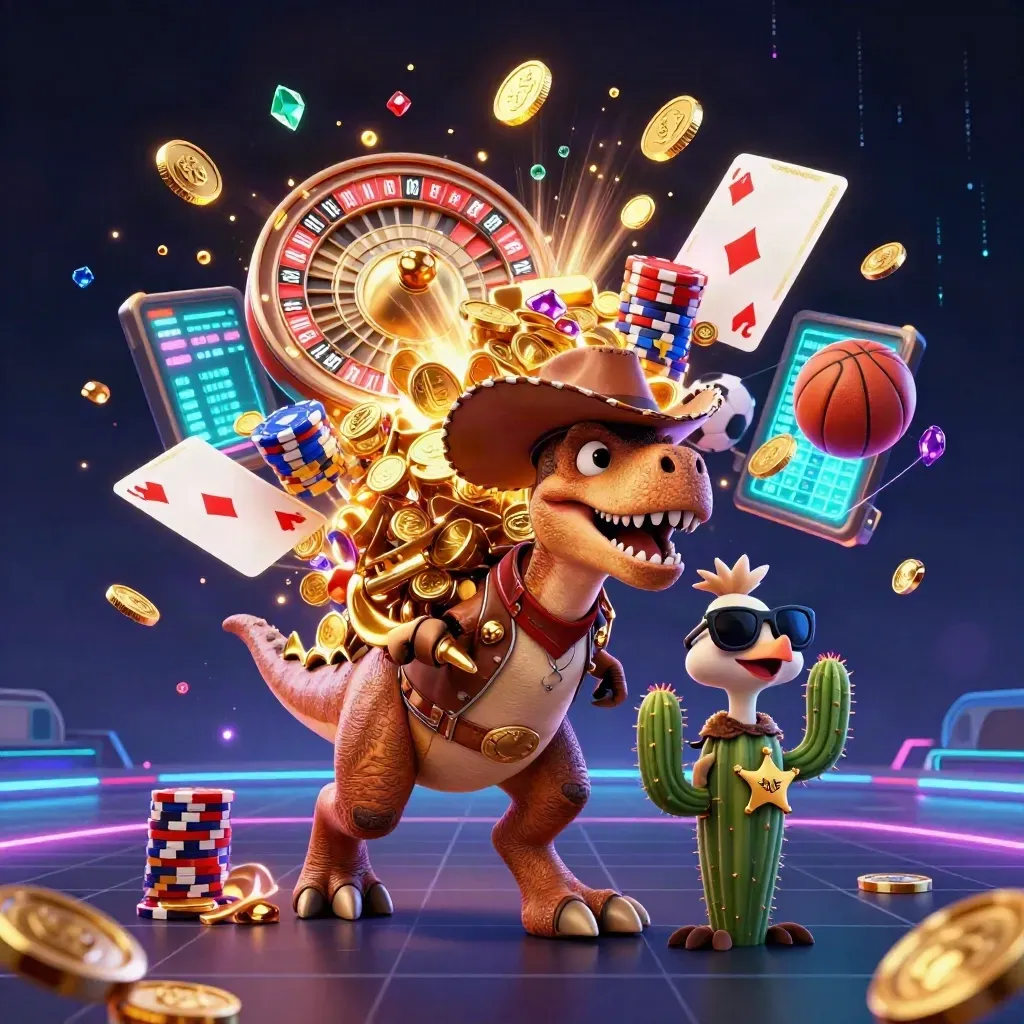 Cowboy T-Rex, cactus sidekick, and roadrunner amid coins, chips, roulette, and neon casino effects.