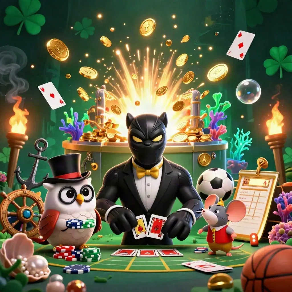 Panther, owl, and mouse celebrate amid gold coins, treasure, fireworks, and casino props.