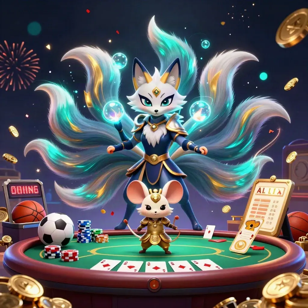Neon fox spirit and samurai mouse amid coins, cards, chips, fireworks and casino magic.
