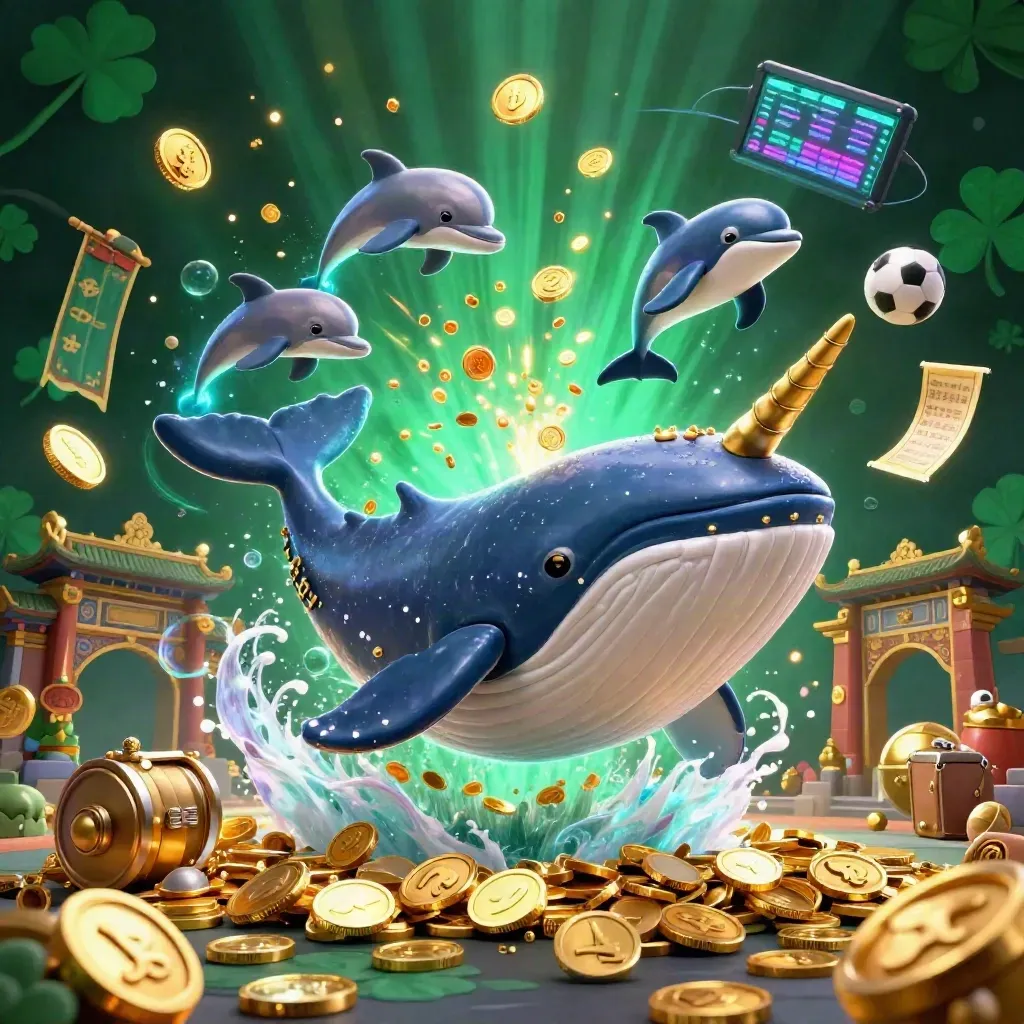 Cartoon whale, narwhal, and dolphins erupt from coins amid neon casino props and lights