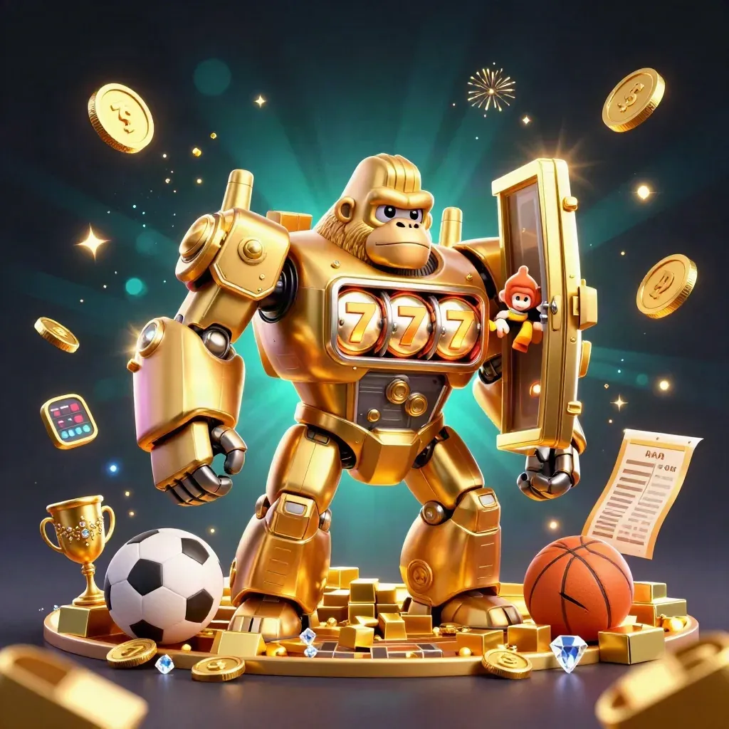Golden gorilla mech with a tiny monkey pilot bursts from a treasure vault amid coins, gems, and fireworks.