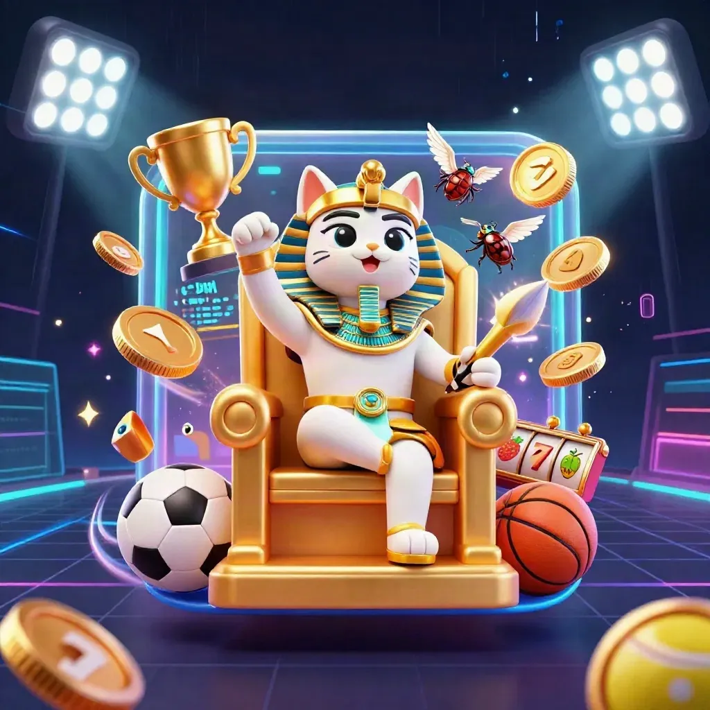 Pharaoh cat on a golden throne with an ibis scribe, scarabs, and casino game bursts.