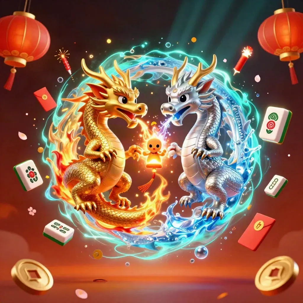 Twin gold and silver dragons spiral around a lantern spirit with casino symbols in neon glow.
