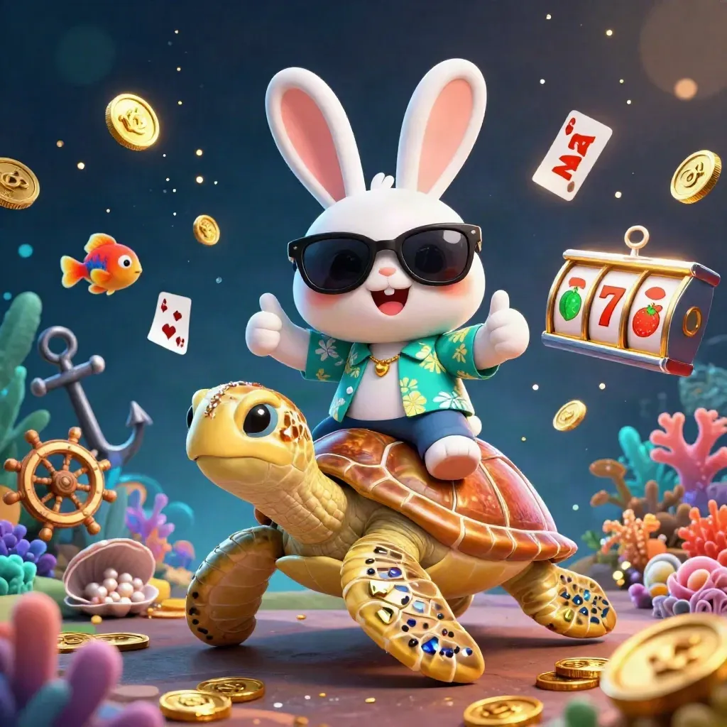 Cartoon lucky rabbit rides a gold turtle amid treasure, reels, coral, and glowing casino effects