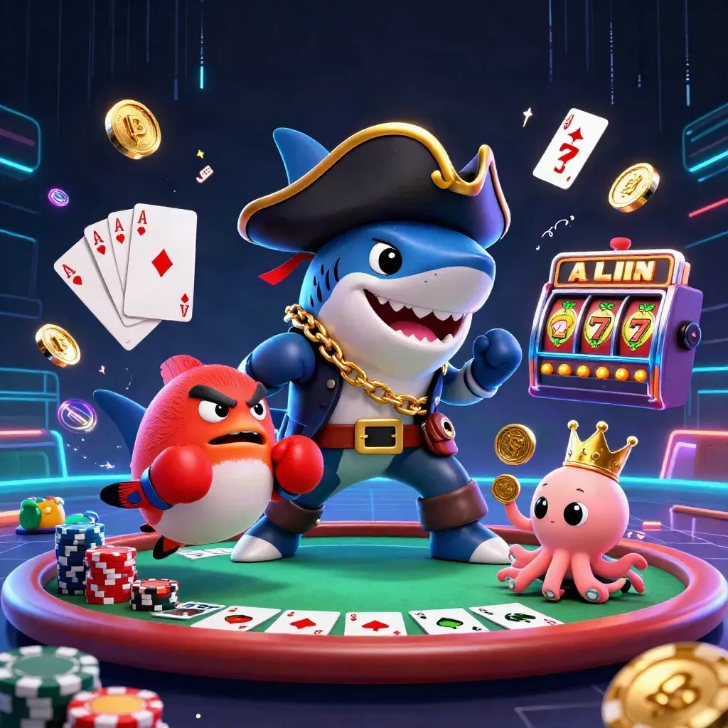Pirate shark, boxing pufferfish, and coin-juggling octopus amid casino chips and neon effects.